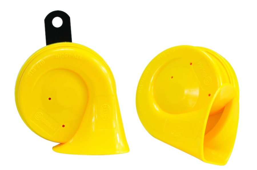 HELLA 012010821 HORN KIT BX YELLOW TRUMPE, One 500 Hertz High-Tone Horn/ One 400 Hertz Low-Tone Horn; 110 Decibels; 12 Volt; 72 Watt; 3.2 Inch Trumpet; Yellow; ABS Plastic Housing; Set Of 2; With Galvanized Metal Bracket