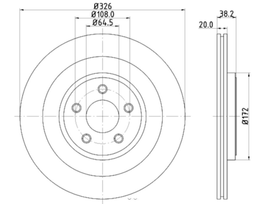 HELLA 355115582 DISC BRAKE ROTOR, Vented; One Piece Design; Wheel Bolt Pattern 5 x 108 Millimeter; 38.20 Millimeter Height x 326 Millimeter Outside Diameter x 20 Millimeter Nominal Thickness; 64-1/2 Millimeter Hub Size; Zinc Coated Gray Cast Iron; Single