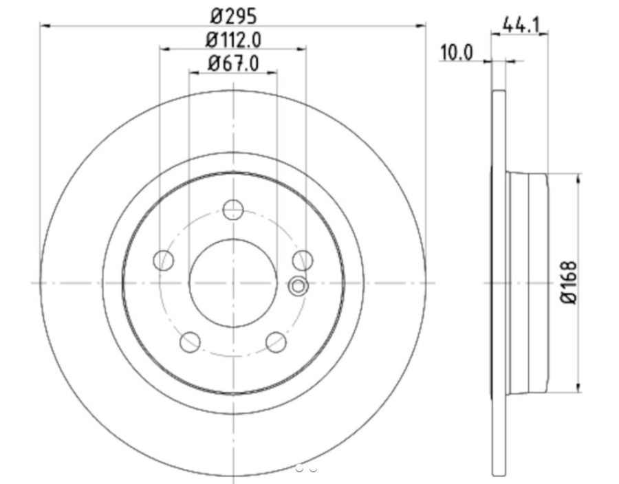 HELLA 355119422 DISC BRAKE ROTOR HIGH CARBON, Solid; One Piece Design; Wheel Bolt Pattern 6 x 112 Millimeter; 44.10 Millimeter Height x 295 Millimeter Outside Diameter x 10 Millimeter Nominal Thickness; 67 Millimeter Hub Size; Zinc Coated Gray Cast Iron