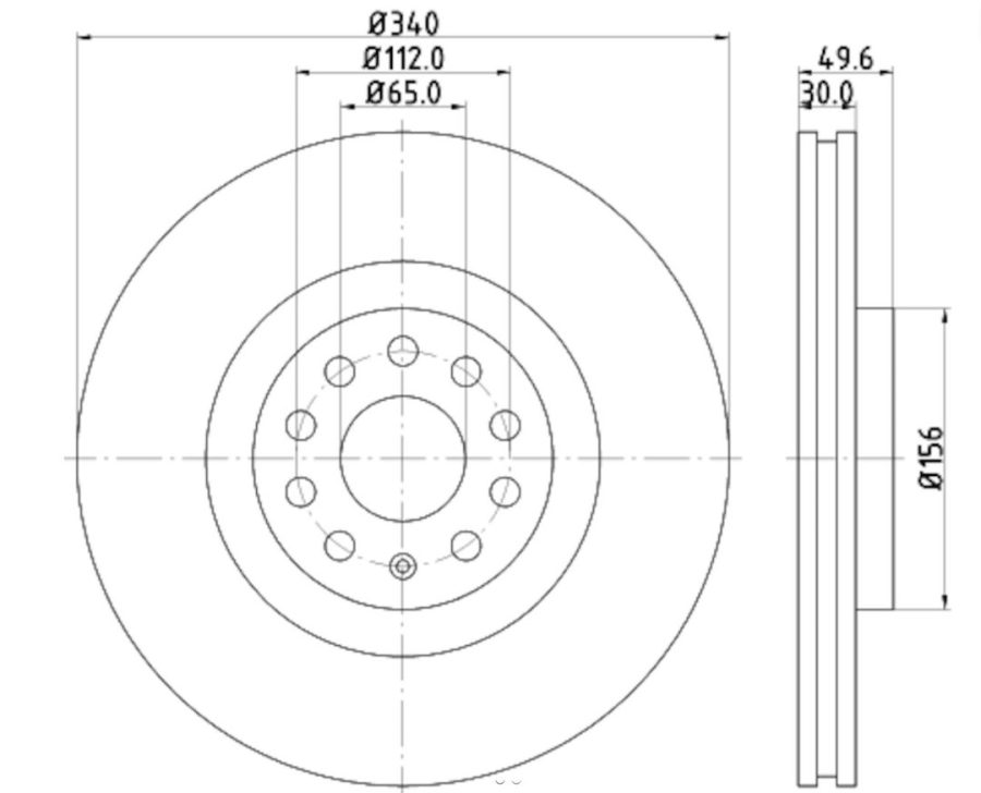 HELLA 355129241 BRAKE DISC FOR VW/SKODA/AUDI/SEAT, Vented; One Piece Design; Wheel Bolt Pattern 5 x 112 Millimeter; 340 Millimeter Diameter x 49 Millimeter Height x 30 Millimeter Thickness; 65 Millimeter Hub Diameter; Zinc Coated Gray Cast Iron; Single