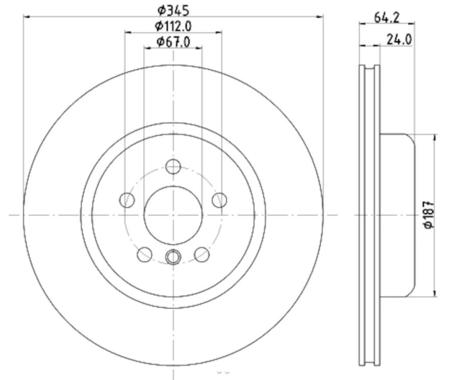 HELLA 355133031 BRAKE DISC, Vented; One Piece Design; Wheel Bolt Pattern 5 x 112 Millimeter; 345 Millimeter Diameter x 64.2 Millimeter Height x 24 Millimeter Thickness; 67 Millimeter Hub Diameter; Zinc Coated Gray Cast Iron; Single