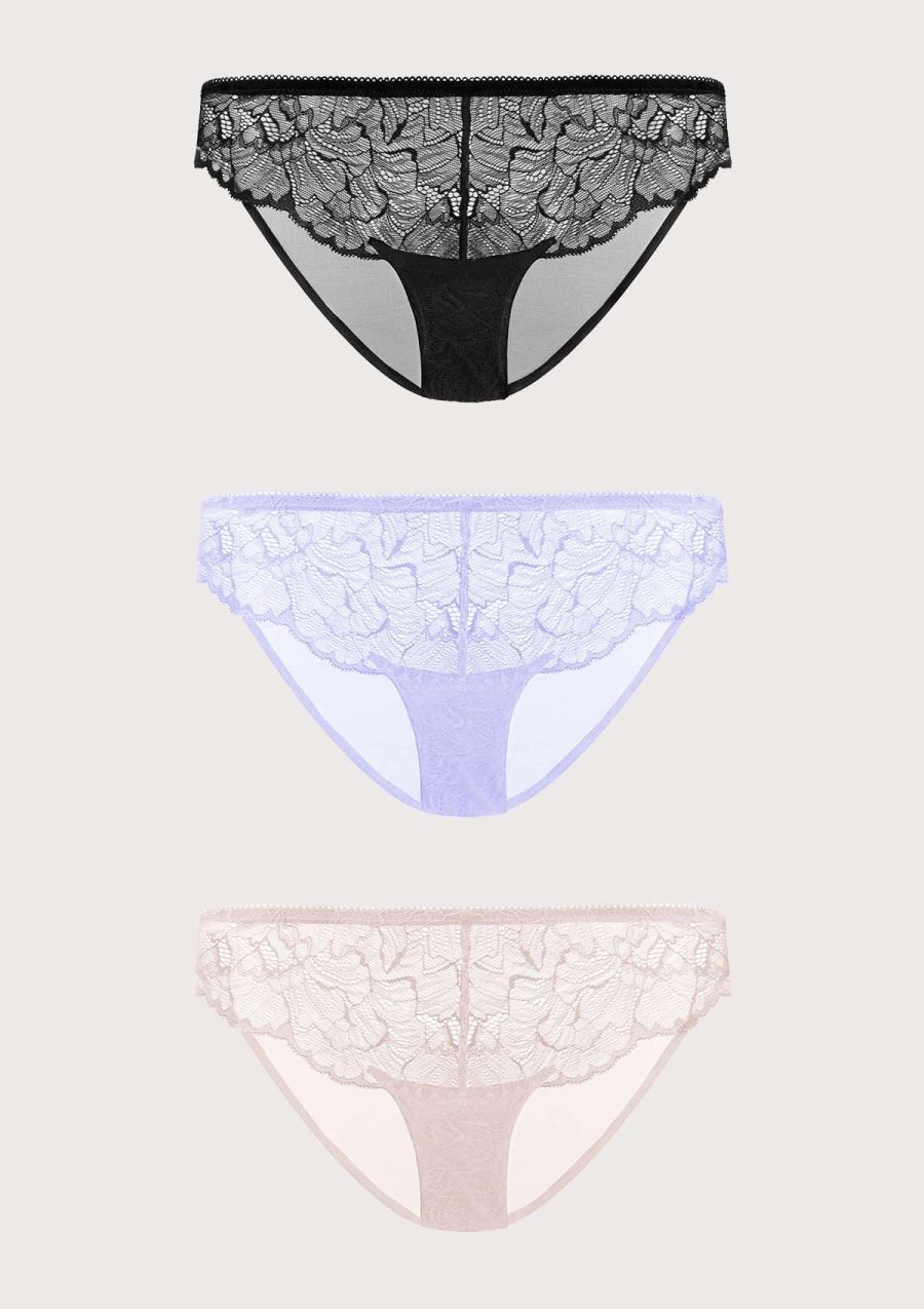 HSIA Blossom Lace Mesh Bikini Underwears 3 Pack - M / Black+Dark Pink+Purple