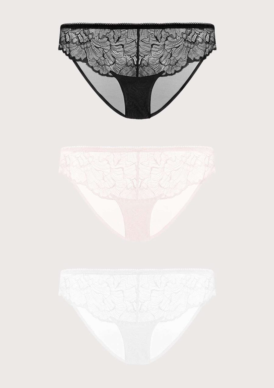 HSIA Blossom Lace Mesh Bikini Underwears 3 Pack - M / Black+White+Dusty Peach