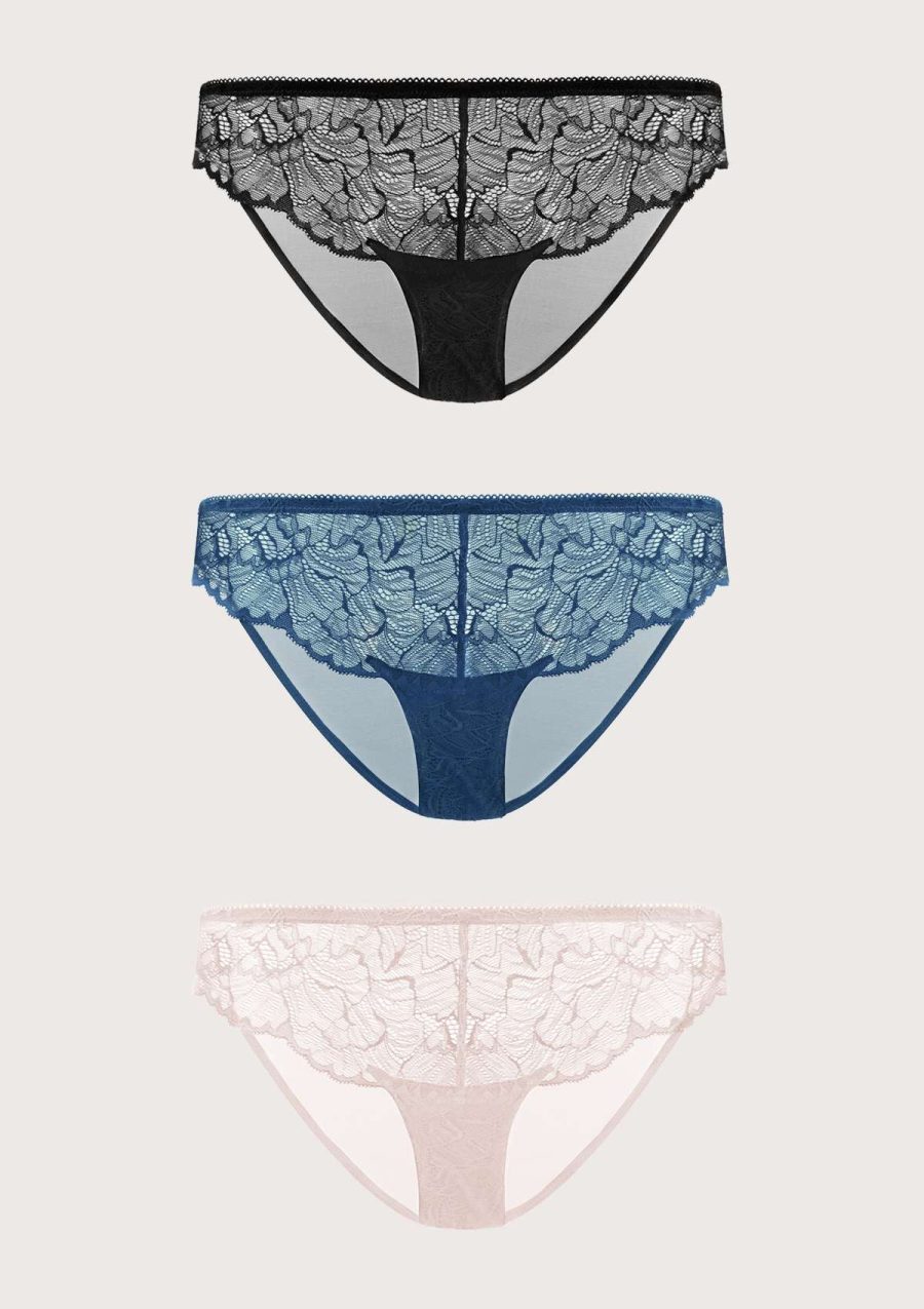 HSIA Blossom Lace Mesh Bikini Underwears 3 Pack - S / Black+Biscay Blue+Dark Pink