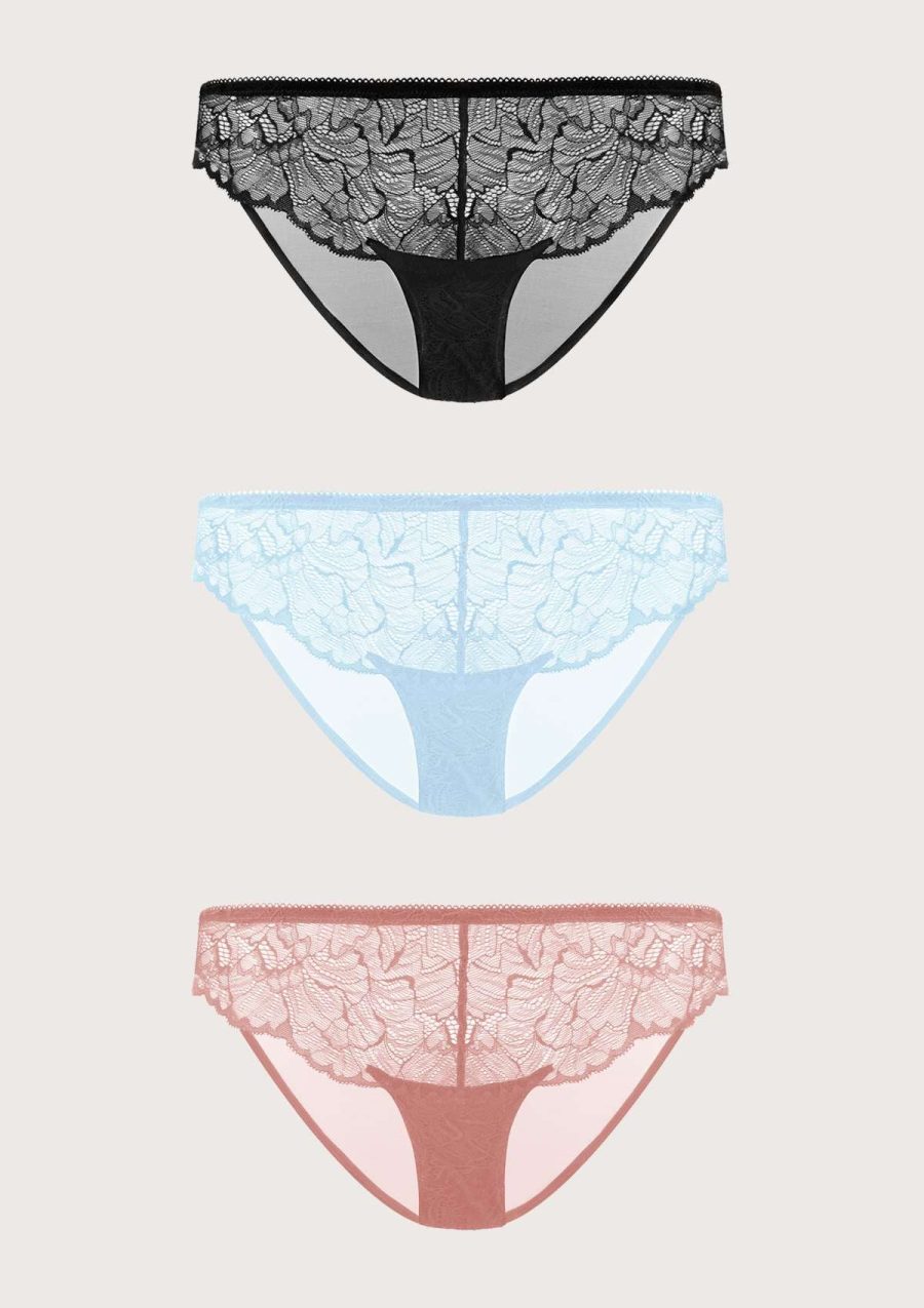 HSIA Blossom Lace Mesh Bikini Underwears 3 Pack - S / Black+Storm Blue+Light Coral