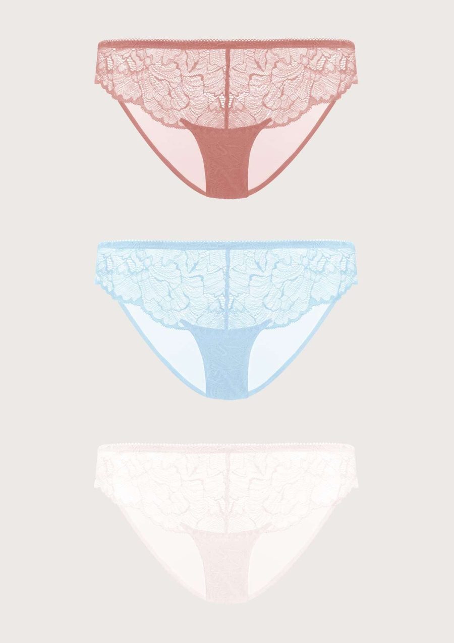 HSIA Blossom Lace Mesh Bikini Underwears 3 Pack - S / Light Coral+Storm Blue+Dusty Peach