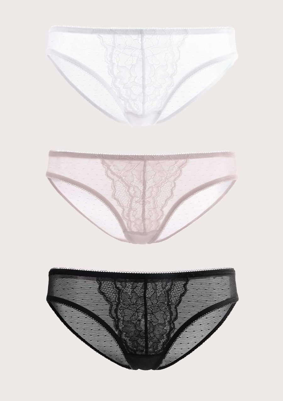 HSIA Enchante Lace Airy Bikini Panties 3 Pack - S / Black+White+Dark Pink