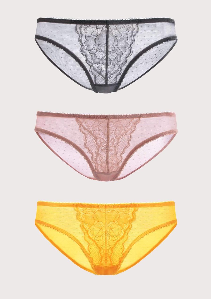 HSIA Enchante Lace Airy Bikini Panties 3 Pack - S / Dark Gray+Cadmium Yellow+Light Coral