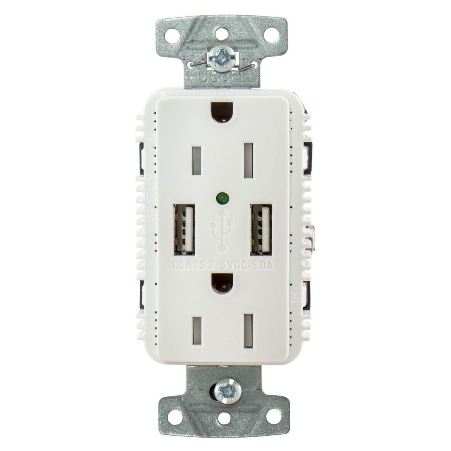 HUBBELL USB15A5W White Outlet Dual 15 Amp 125v 2-Pole and Dual 5 Amp 5v USB Ports