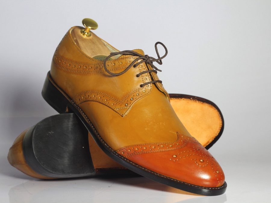 Handmade Men's Tan Brown Leather Wing Tip Shoes, Men Dress Fashion Lace Up Shoes