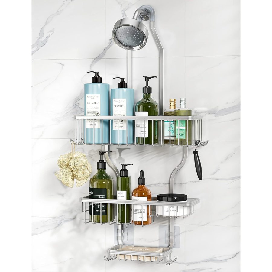 Hanging Shower Caddy Over Shower Head With 10 Hooks For Razor/Sponge, Soap Baske