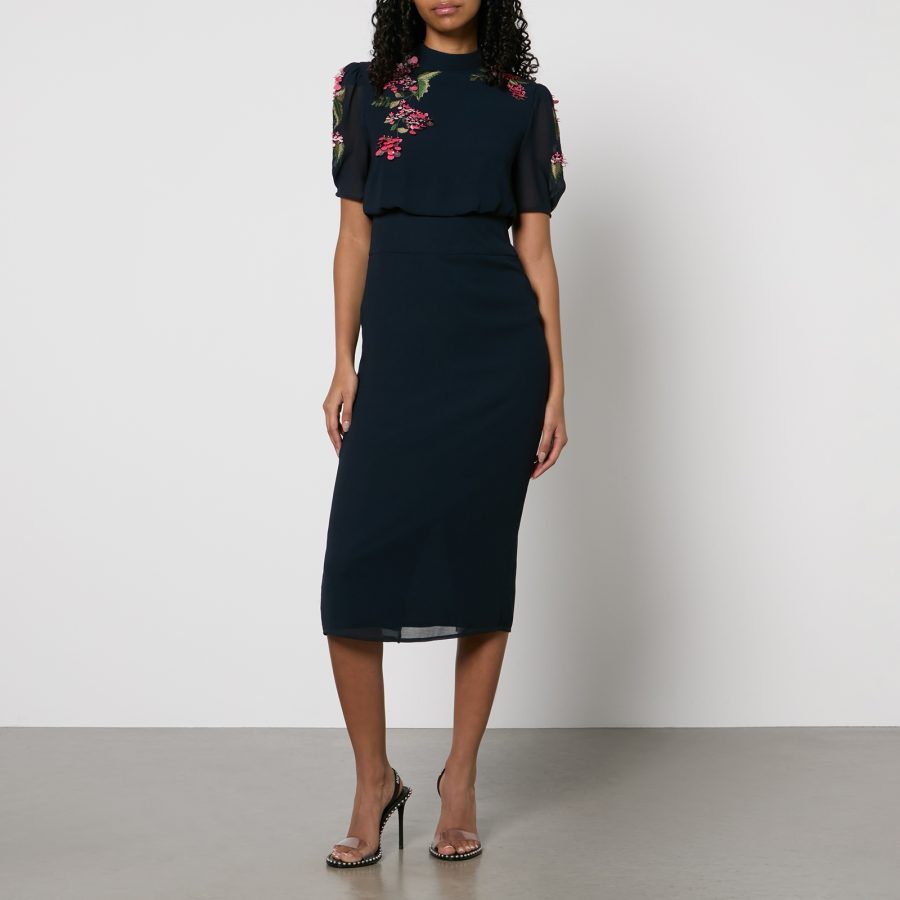 Hope & Ivy Ciara Embroidered Chiffon Pencil Midi Dress - UK 8