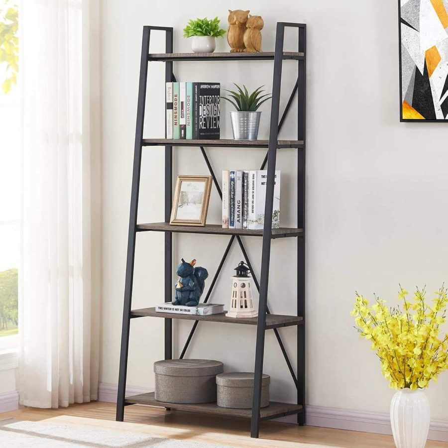 Industrial Ladder Shelf, Rustic 5 Tier Leaning Bookshelf, Wood Metal Ladder Book