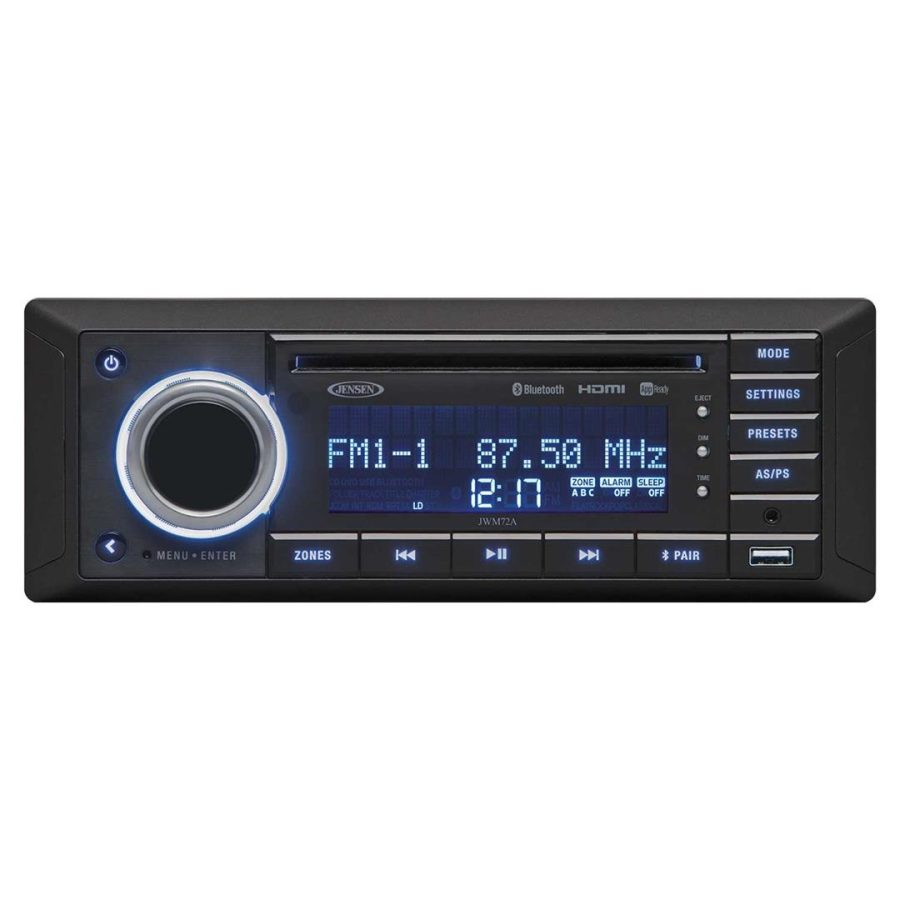 JENSEN JWM72A Radio; Automotive; 12 AM/ 18 FM Stations; Bluetooth Streaming Audio (A2DP) And Controls (AVRCP); Plays CD/ CD-R/ CD-RW/ DVD/ DVD+R/ DVD RW/ DVD-R/ DVD-RW/ MP3; With Front A/V AUX Input/ Rear Audio AUX Input; With iPod/ iPhone Ready Via Blue