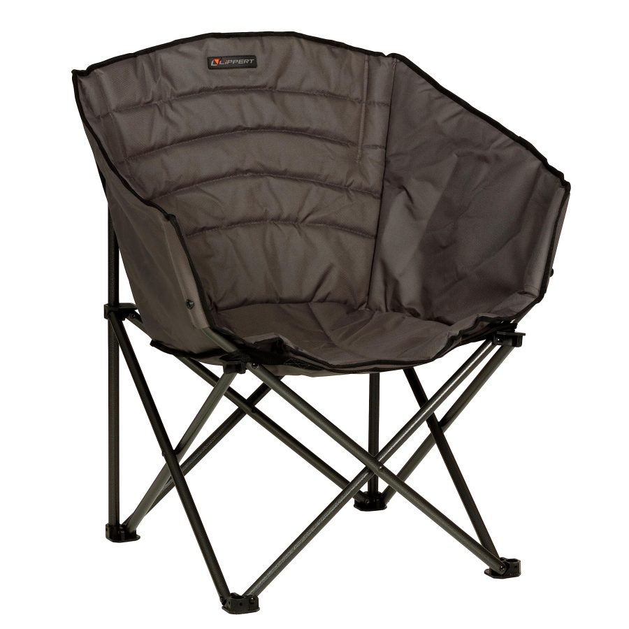 LIPPERT 2022114800 Campfire Barrel Chair - Dark Grey, Comfortable Barrel Shape, High-Loft Cushioning, Foldable, Powder Coated Steel, Lightweight, Durable Polyester or Oxford Outdoor Fabrics