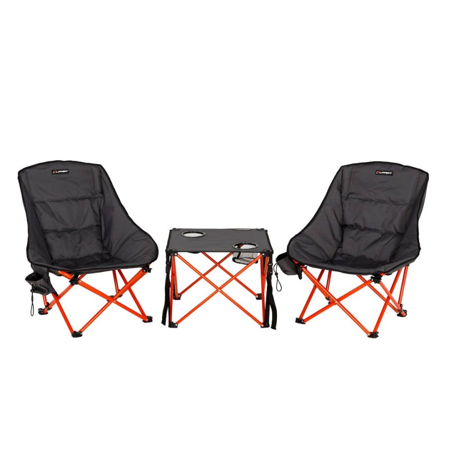 LIPPERT 2023053719 BAJA TABLE/CHAIR SET, Camp Chair; 24 Inch Length x 24 Inch Height x 28-1/2 Inch Depth; 250 Pound Weight Capacity; Foldable; Two-Tone Dark Gray And Red; Powder Coated Steel Tube Frame/ Polyester Fabric With PVC Coating