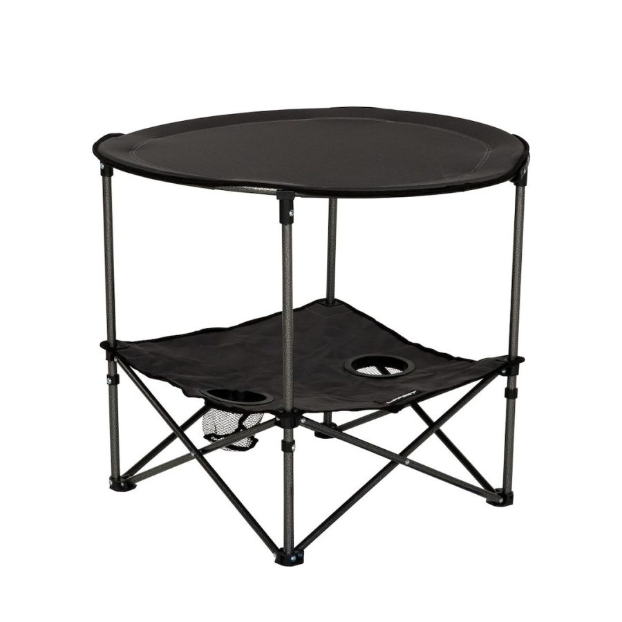 LIPPERT 2023053720 TWO-TIER FOLDING CAMPING TABLE, 28.3 Inch Length x 28.3 Inch Width x 23.8 Inch Depth; 80 Pound Weight Capacity; Folding; Dark Gray; Powder Coated Steel Frame And Polyester Fabric With PVC Coating; Two-Tier Design