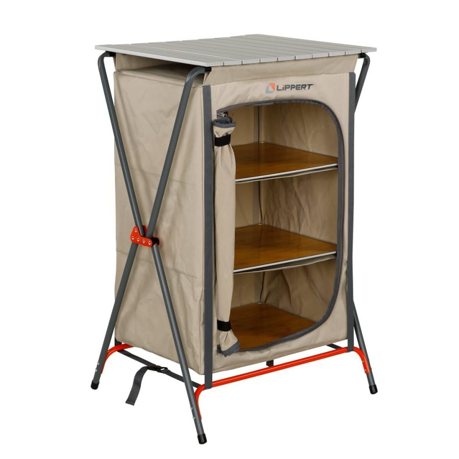 LIPPERT 2023053723 CAMPING PANTRY - SAND, 38.6 Inch Height x 24.8 Inch Width x 20.3 Inch Depth; 80 Pound Weight Capacity; Folding; Sand; Powder Coated Steel Frame And Polyester Fabric With PVC Coating