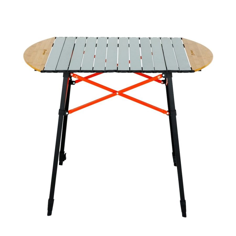 LIPPERT 2023053727 ROLL TOP CAMPING TABLE, 37.8 Inch Length x 27.2 Inch Width x 29.75 To 35.7 Inch Adjustable Height; 80 Pound Weight Capacity; Folding; Bamboo And Hammer Gray; Powder Coated Aluminum Frame And Slatted Top With Bamboo Edges