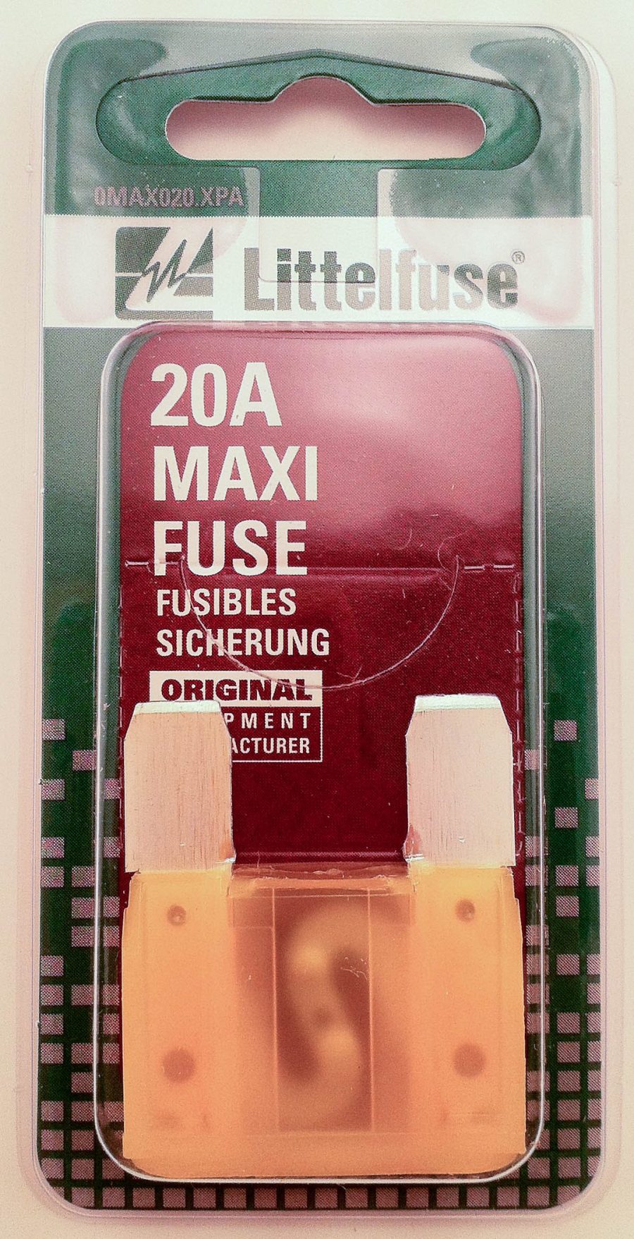 LITTELFUSE MAX20BP MAXIFUSE 5 CDS/PACK 20A, Yellow Blade; 20 Amp; Slow Blow; Pack Of 5; Carded