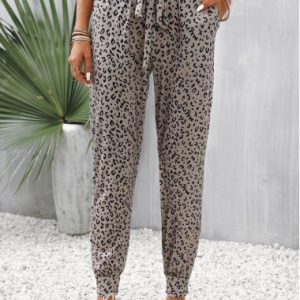 Leopard Pocket Light Camel Jogger Elastic Waist Pants