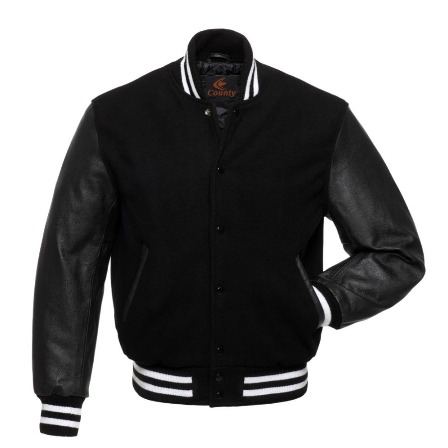 Letterman Jacket Varsity Jacket Black Body & Black Leather Sleeves