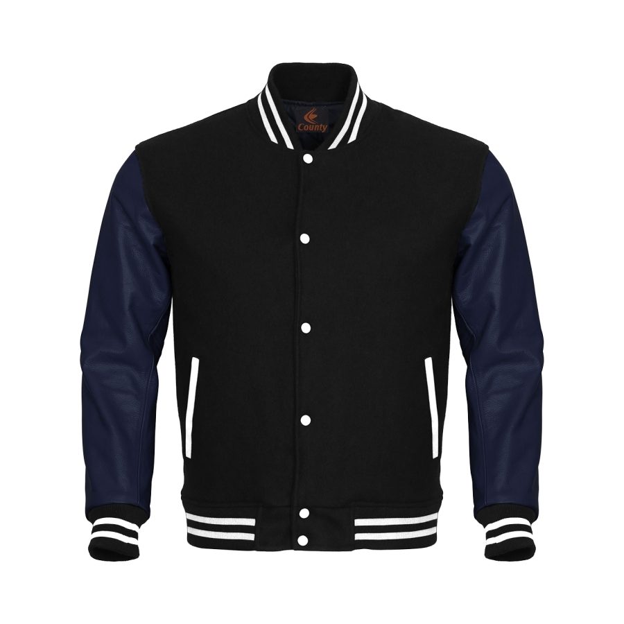 Letterman Jacket Varsity Jacket Black Body & Navy Blue Leather Sleeves