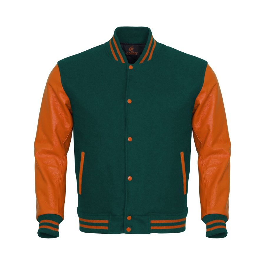 Letterman Jacket Varsity Jacket Green Body & Orange Leather Sleeves