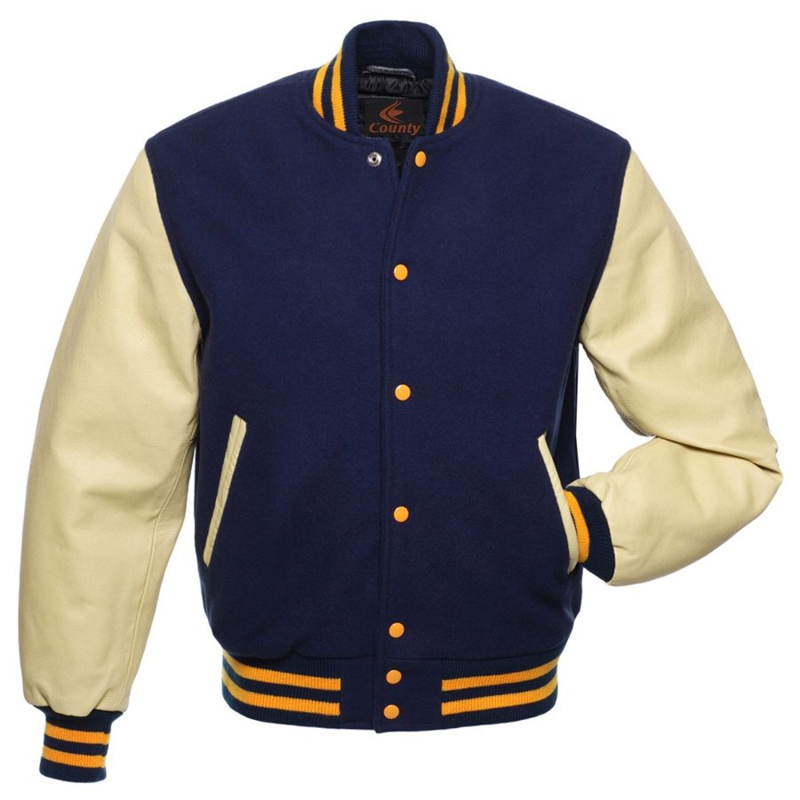 Letterman Jacket Varsity Jacket Navy Blue Body & Cream Leather Sleeves