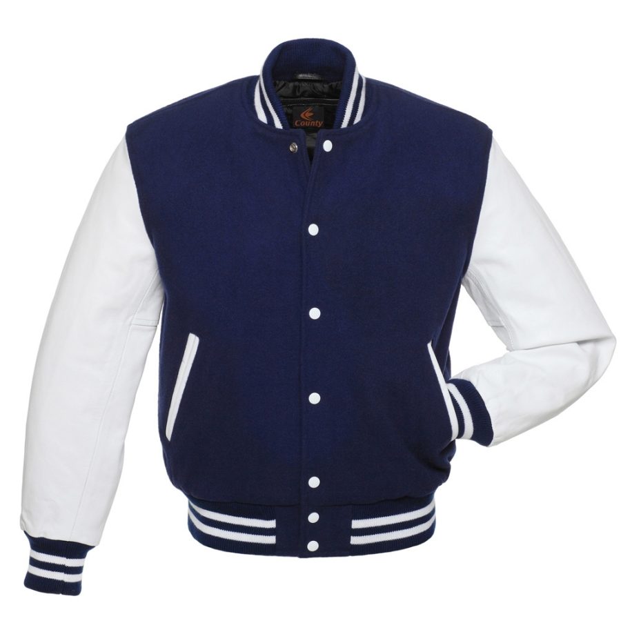 Letterman Jacket Varsity Jacket Navy Blue Body & White Leather Sleeves