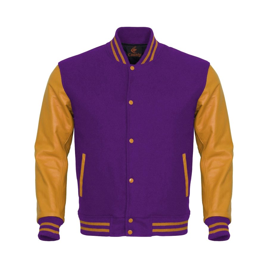 Letterman Jacket Varsity Jacket Purple Body & Gold Leather Sleeves