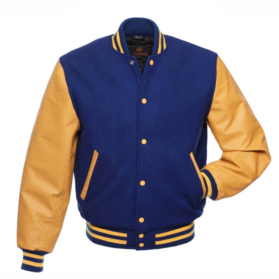 Letterman Jacket Varsity Jacket Royal Blue Body & Gold Leather Sleeves