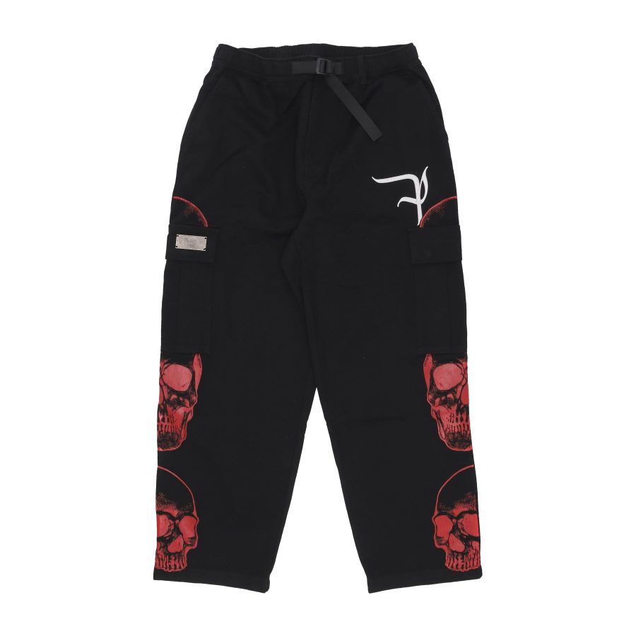 Long Men's Triple Skull Print Cargo Pants Black/red