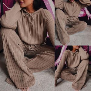 Long Sleeve Hooded Tops High Waist Wide Leg Pants Sets Casual Lounge Wear