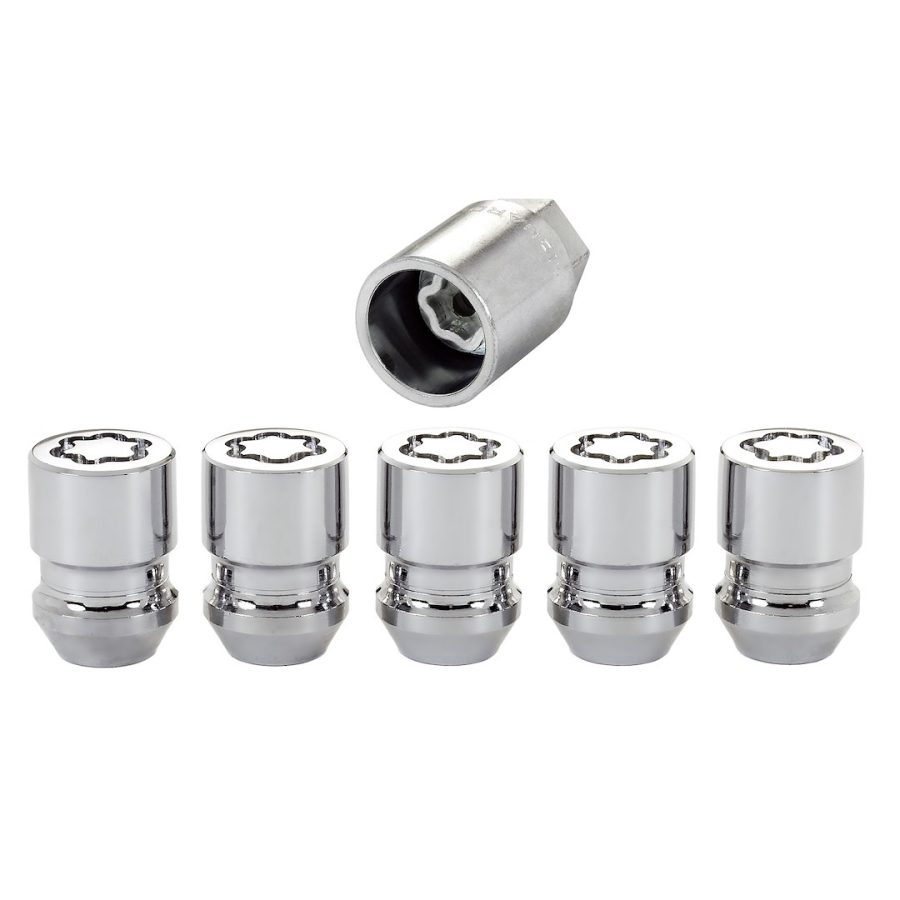 MCGARD 24554 4 PAK WHL LOK SET 12X1.25, Lug Nut Lock; 12 Millimeter X 1.25 Thread Size; Conical Seat; Acorn Lug; 1.28 Inch Overall Length; 13/16 Inch Wrench Size; Chrome Plated; Steel; Set Of 5 With Key