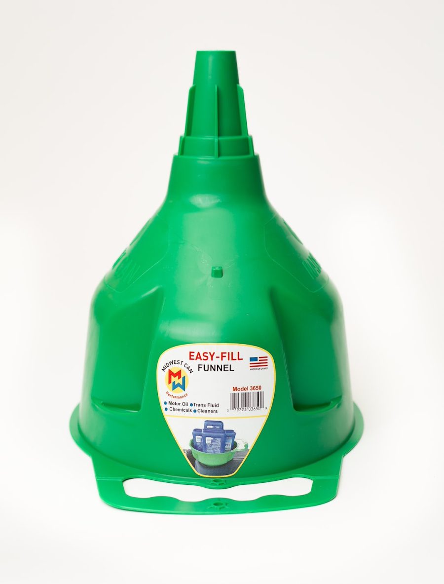 MIDWEST CAN 3650 EASY-FILL FUNNEL, Round; 8-3/8 Inch Diameter x 10-1/4 Inch Height; 0.9 Gallon Capacity; Green; High-Density Polyethylene; With Integrated Filter/ Splash Guard/ Finger Holds/ Gripping Ribs