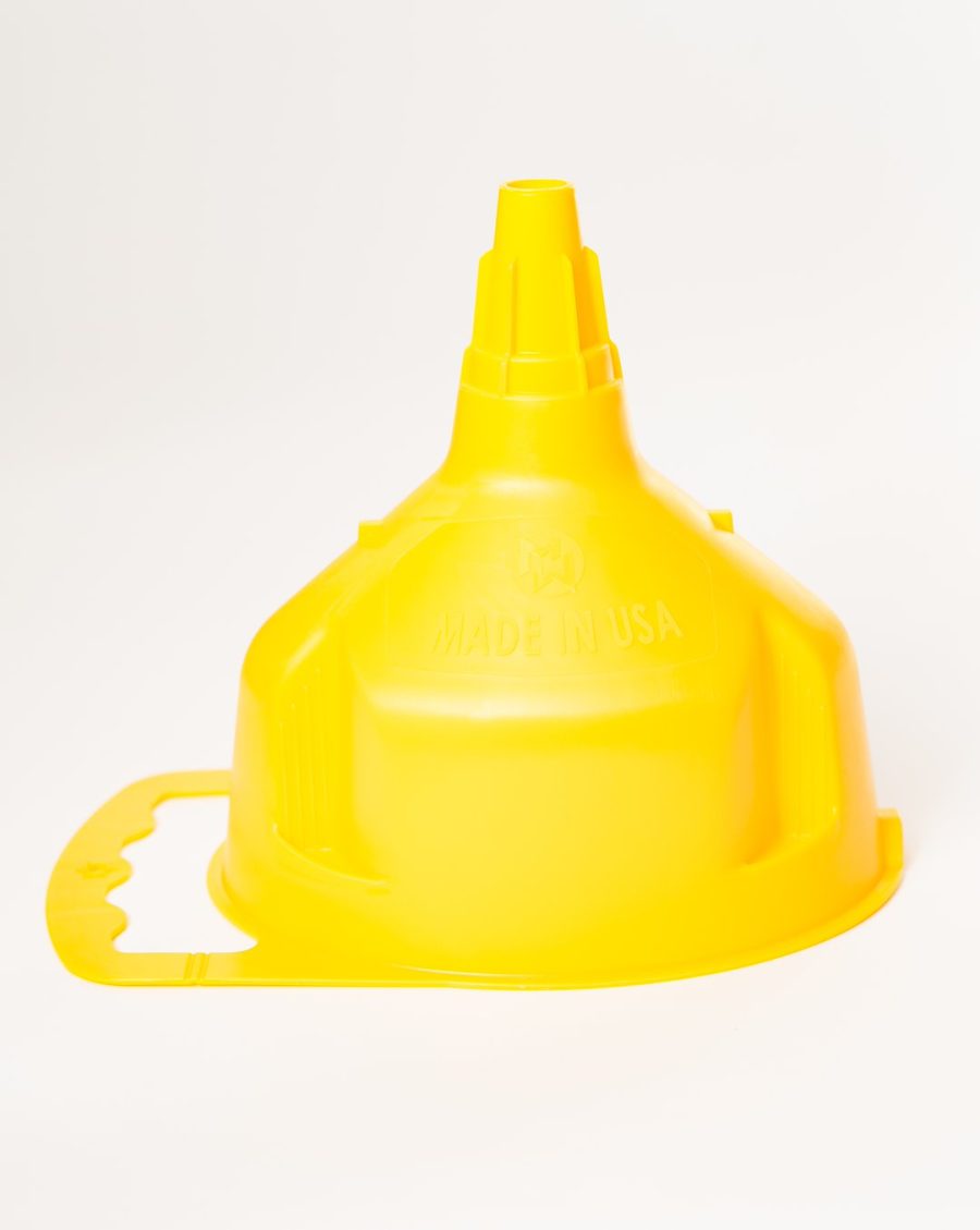 MIDWEST CAN 3655 EASY-FILL FUNNEL JR, Round; 6-1/4 Inch Diameter x 7-3/4 Inch Height; 0.38 Gallon Capacity; Yellow; High-Density Polyethylene; With Integrated Filter/ Splash Guard/ Finger Holds/ Gripping Ribs