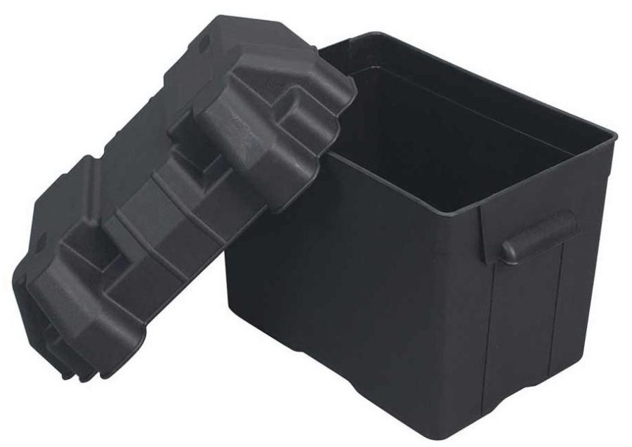 MOELLER 042214 BATTERY BOX 27 SERIES, Fits Group 27 Through 31 Series Batteries; With Hold Down Strap And Mounting Hardware; Black; Plastic; 16.63 Inch Length x 9.63 Inch Width x 10-1/2 Inch Height