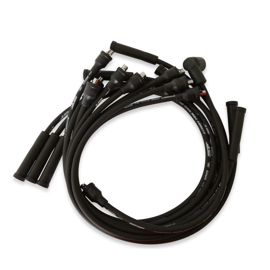 MSD 5530 STREET FIRE WIRE CHRYSLER, Pre Assembled; Black; 8 Millimeter; Silicone and Synthetic; Helically Wound Conductor With Kevlar Core; Straight Spark Plug Boots; Straight Distributor Boots With Socket Style Terminals; 500 Ohms Per Foot Resistance