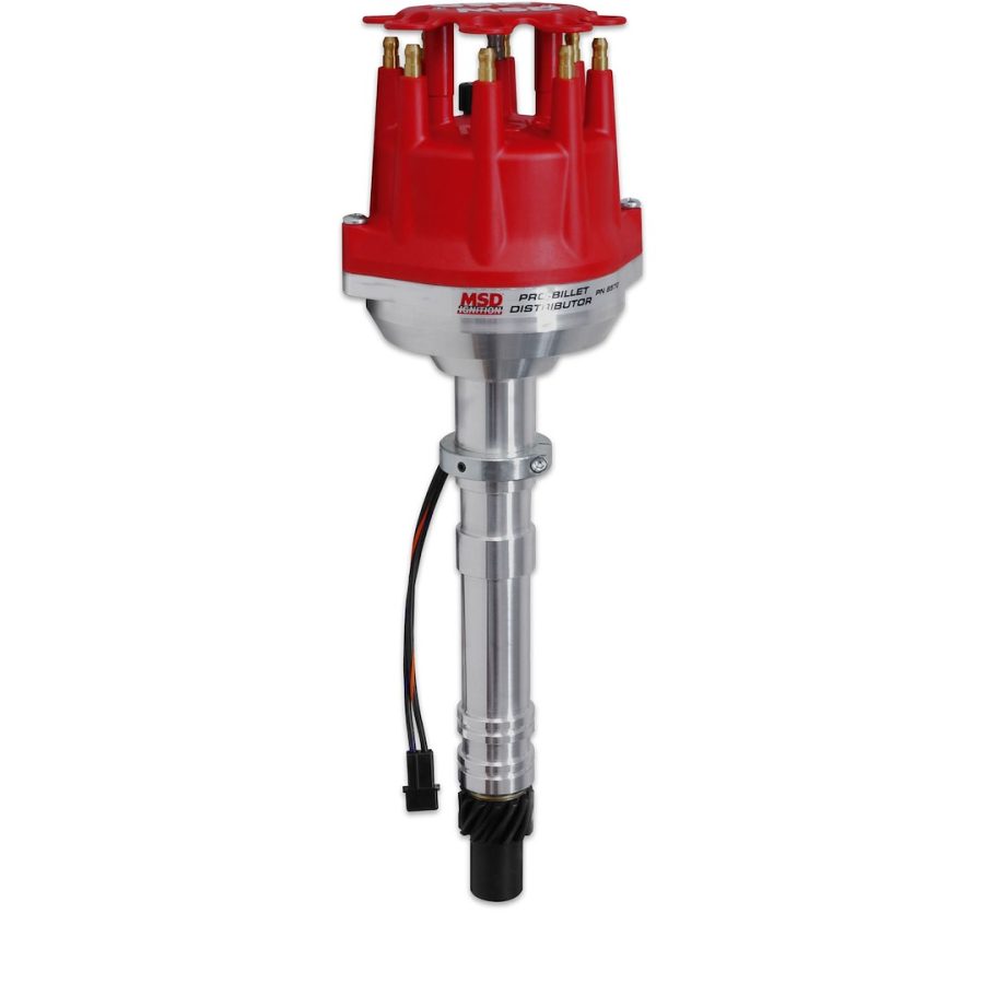 MSD 8570 DIST CHEVY V-8 SML CAP, For Use With Chevy V8 Engines; Small Diameter; Without Ignition Control Module; Magnetic Trigger; Mechanical Advance; With Iron Gear; Red Cap With HEI/Male Posts