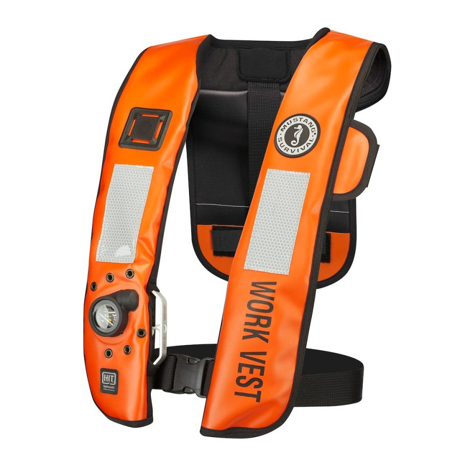 MUSTANG MD318802-2-0 HIT INFLATABLE WORK VEST (AUTO HYDR, Type V Automatic Hydrostatic Inflatable Life Vest; Universal; Fits Chest Sizes 30 Inch To 52 Inch; U S Coast Guard Approved; 38 Pound Buoyancy; Nylon; Orange; With Buckle And Black Strap; Single