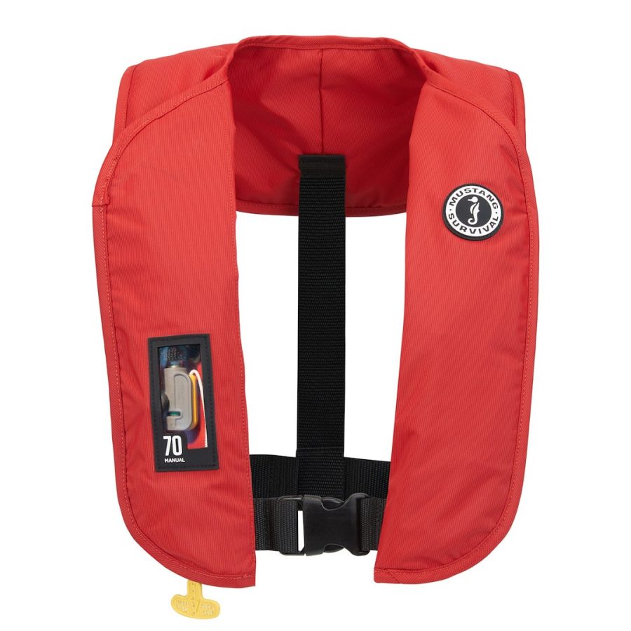 MUSTANG MD4041-4-0 MIT 70 MANUAL INFLATABLE PFD, Type V Manual Inflatable Life Vest; Adult; Universal; Fits Chest Sizes 30 Inch To 52 Inch; Harmonized U S Coast Guard And Transport Canada Approved; 15.7 Pound Buoyancy; High Tenacity Nylon; Red