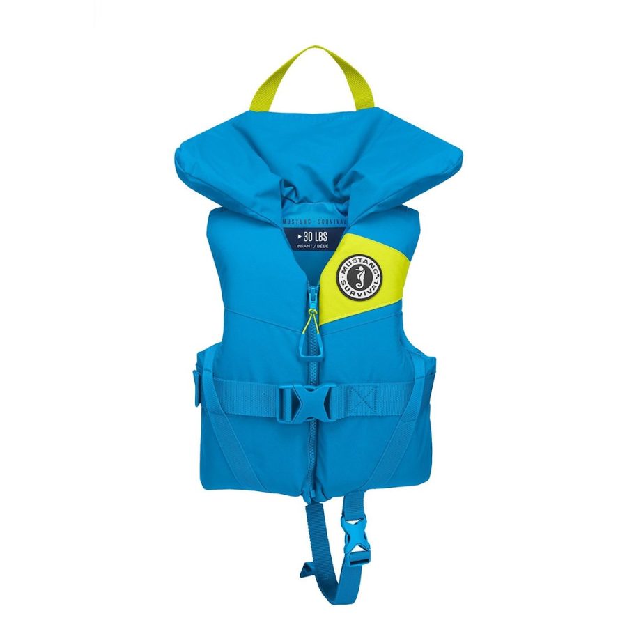 MUSTANG MV325003-268-0 INFANT LIL LEGENDS FOAM VEST, Type II Life Vest; Infant; For Body Weight 30 Pounds; 7 Pound Buoyancy; Nylon Shell/ PVC Free Gaia Foam; Blue; 3-Piece Collar Cradles; With Head Pillow/ Crotch Strap/ Grab Handle; Single