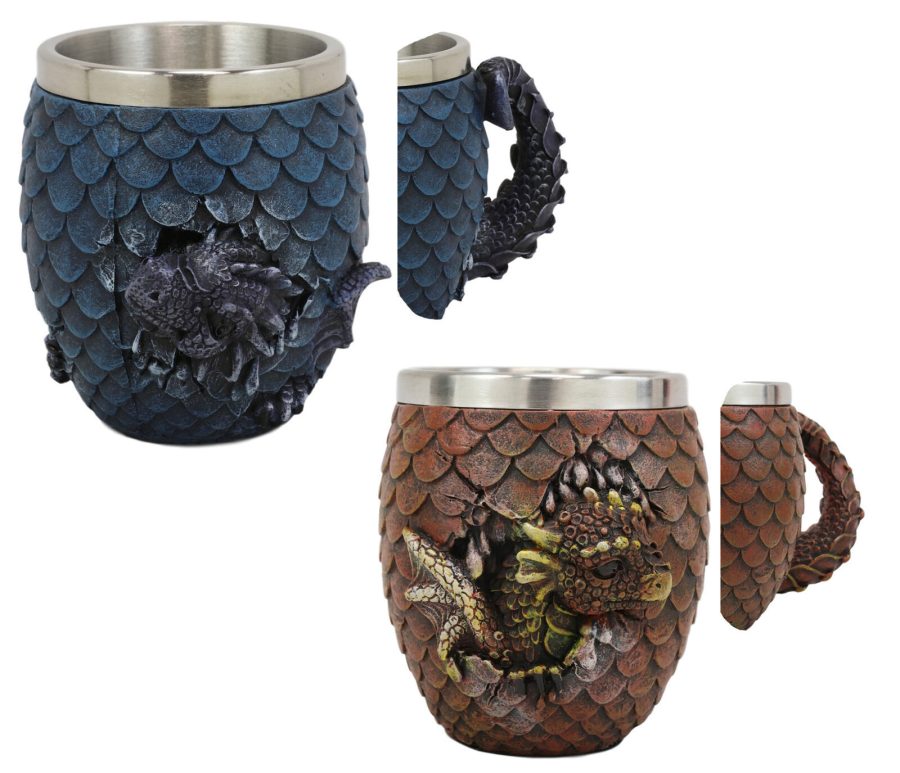 Medieval Elemental Blue And Red Dragon Scale Egg With Wyrmling Mugs Set of 2