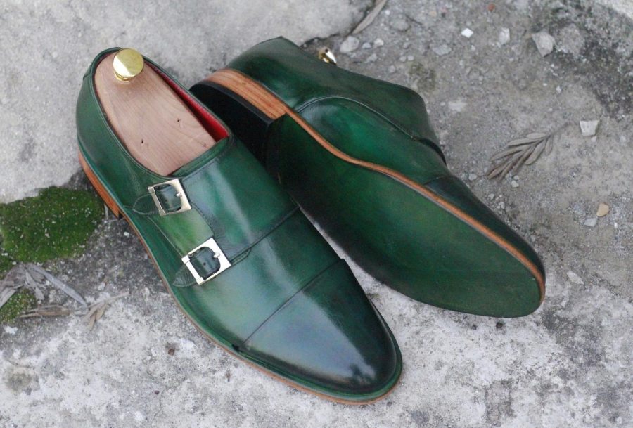 Men's Handmade Green Leather Cap Toe Buckle Shoes, Men Dress Formal Fashion Shoe