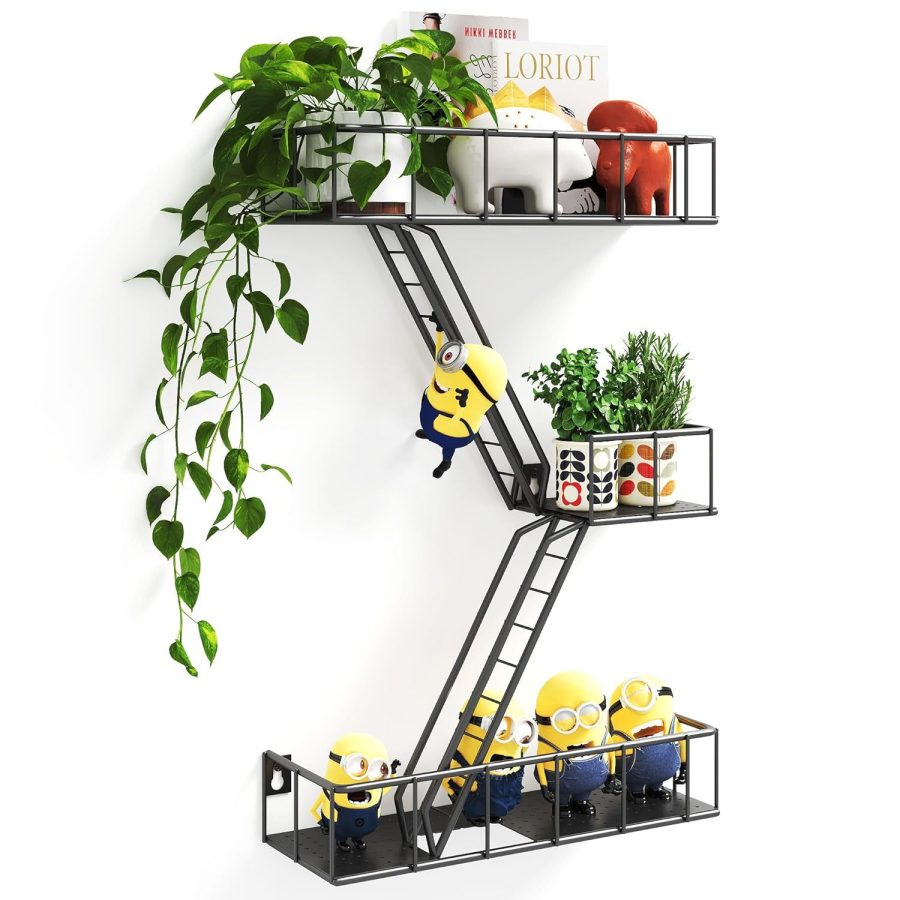 Metal Fire Escape Ladder Shelf Wall Storage, 3-Tier Black Fire Escape Wall Shelv