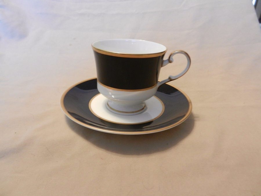 Mikasa Bone China Coffee Cup & Saucer Onyx Pattern Black, White Gold A6700