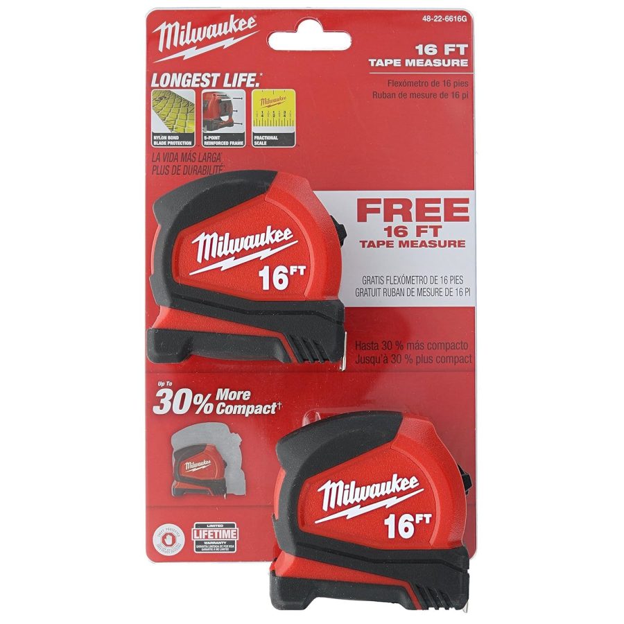 Milwaukee 48-22-6616G 2-Pack of 16 Compact Tape Measures w/ Double-Sided Tape an