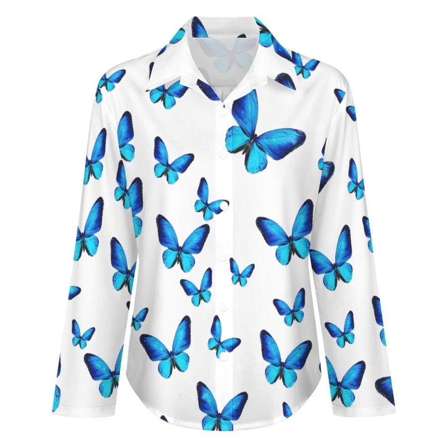 Mondxflaur Blue Butterfly Women Long Sleeve Shirt Summer Elegant Fashionable