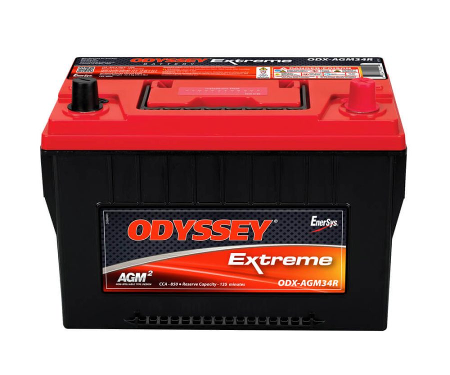 ODYSSEY ODX-AGM34R ODYSSEY 34R-PC1500, 34 Group Size; 12 Volt; 850 Cold Cranking Amps/ 1500 Pulse Hot Cranking Amps; Tin-Plated Brass SAE Top Automotive Reversed Terminals; 10.9 Inch Length; 6.8 Inch Width; 7.9 Inch Height